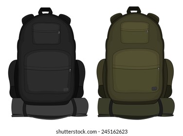 Travel tourism backpacks with mattress. Black, green colors. vector clip art illustrations isolated on white