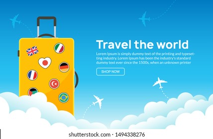 Travel tourism banner background. Luggage fun tour and bag, airplane travel design.