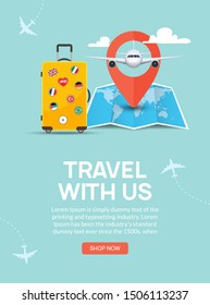 Travel tourism banner background. Luggage fun tour and bag, airplane travel design.