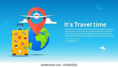 Travel tourism banner background. Luggage fun tour and bag, airplane travel design