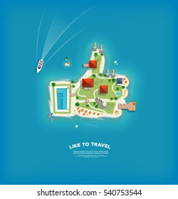 Travel and tourism banner with top view of the island in the form of finger up.