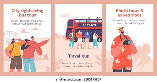 Travel And Tourism Banners. City Bus Tour In Double Decker, Tourists Group On Excursion In Europe. Diverse Male and Female Characters Visiting Sightseeing. Cartoon People Vector Illustration, Posters