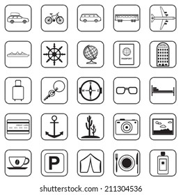 Travel and tourism black contour vector icons.