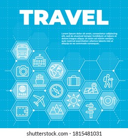 Travel and tourism blue background with icons and signs