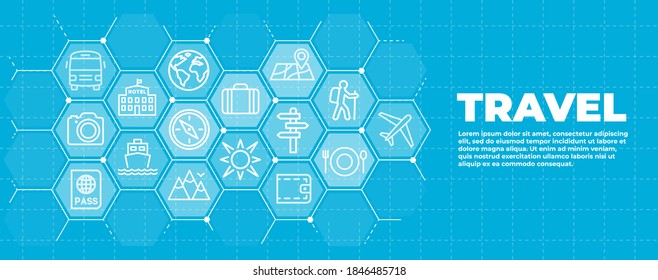 Travel and tourism blue background with icons and signs