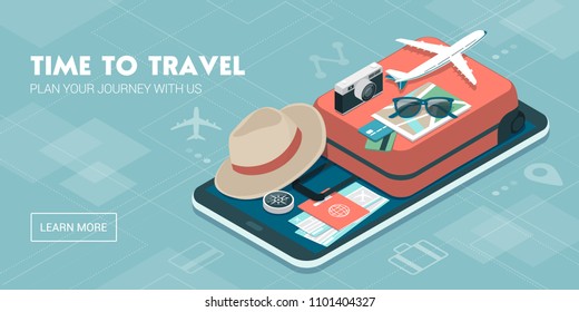 Travel, Tourism And Booking App: Travel Equipment And Luggage On A Mobile Touch Screen Smartphone