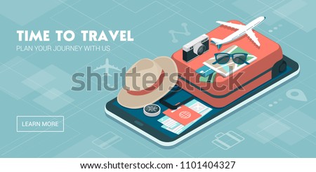 Travel, tourism and booking app: travel equipment and luggage on a mobile touch screen smartphone