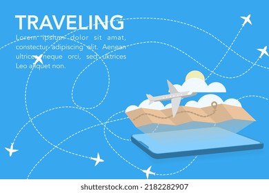 Travel, tourism and booking app: travel maps and airplane transportation on touchscreen smartphones