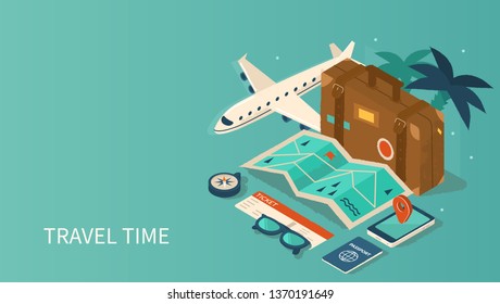 Travel and tourism booking concept template. Can use for web banner, infographics, hero images. Flat isometric vector illustration isolated on white background.