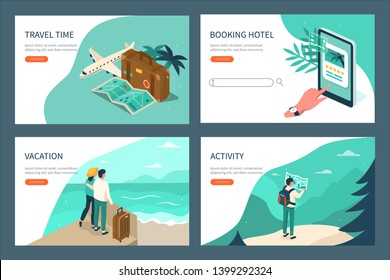 Travel and tourism booking concept templates. Can use for web banner, infographics, hero images. Flat isometric vector illustration.