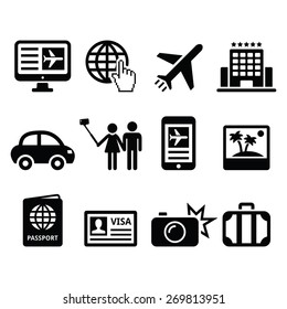 
Travel and tourism, booking holidays icons set