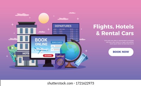 Travel tourism booking horizontal banner with flights hotels and rental cars descriptions and book now button vector illustration