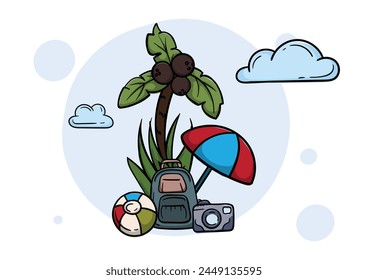 Travel and tourism. Bright holiday vector illustration with palm tree, backpack and umbrella