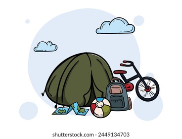 Travel and tourism. Bright vector illustration of a picnic with a tent, backpack and bicycle