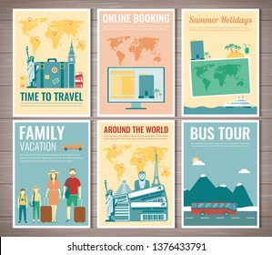 Travel and Tourism brochure set. Template of magazine, poster, book cover, banner, flyer. Vector illustration