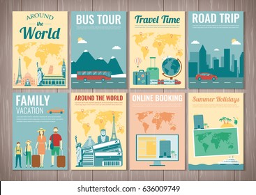 Travel and Tourism brochure set. Template of magazine, poster, book cover, banner, flyer. Vector illustration