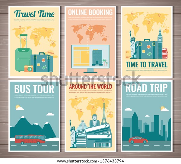 Travel and Tourism\
brochure set. Template of magazine, poster, book cover, banner,\
flyer. Vector\
illustration