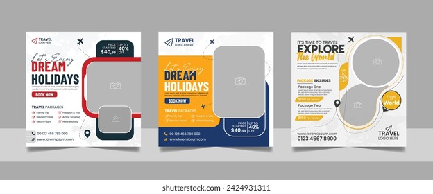 Travel and Tourism Business Marketing Banner. Holidays Tours and Travels Advertising Social Media Posts. Explore the World ads Template Square poster flyer design.