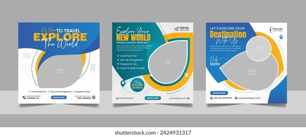 Travel and Tourism Business Marketing Banner. Holidays Tours and Travels Advertising Social Media Posts. Explore the World ads Template Square poster flyer design.