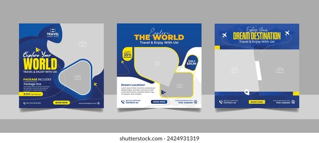 Travel and Tourism Business Marketing Banner. Holidays Tours and Travels Advertising Social Media Posts. Explore the World ads Template Square poster flyer design.