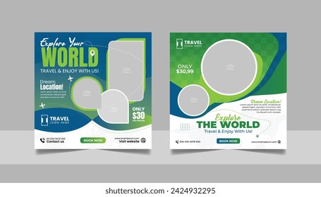 Travel and Tourism Business Marketing Banner. Holidays Tours and Travels Advertising Social Media Posts. Explore the World ads Template Square poster flyer design.