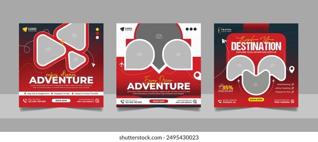 Travel and Tourism Business Marketing Banner. Holidays Tours and Travels Advertising Social Media Posts. Explore the World ads Template Square poster flyer bundle design.