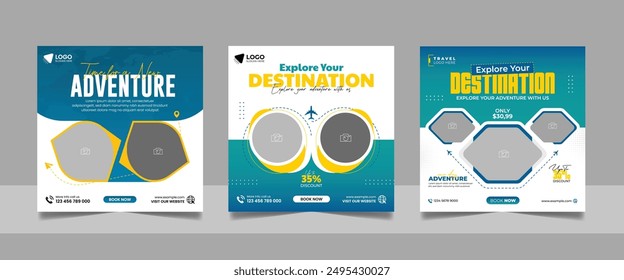 Travel and Tourism Business Marketing Banner. Holidays Tours and Travels Advertising Social Media Posts. Explore the World ads Template Square poster flyer bundle design.