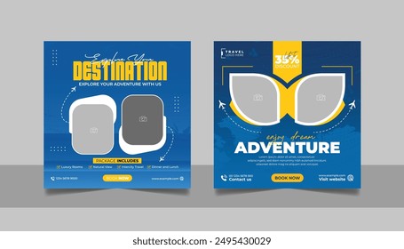 Travel and Tourism Business Marketing Banner. Holidays Tours and Travels Advertising Social Media Posts. Explore the World ads Template Square poster flyer bundle design.