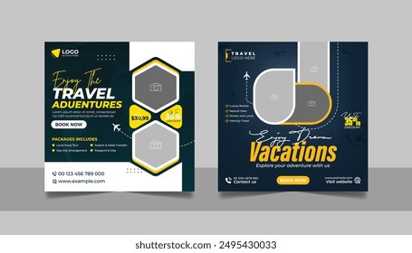 Travel and Tourism Business Marketing Banner. Holidays Tours and Travels Advertising Social Media Posts. Explore the World ads Template Square poster flyer bundle design.