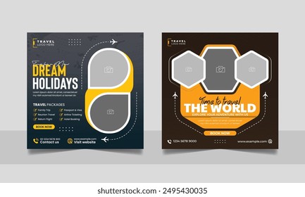 Travel and Tourism Business Marketing Banner. Holidays Tours and Travels Advertising Social Media Posts. Explore the World ads Template Square poster flyer bundle design.