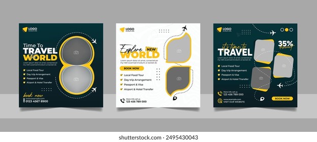 Travel and Tourism Business Marketing Banner. Holidays Tours and Travels Advertising Social Media Posts. Explore the World ads Template Square poster flyer bundle design.