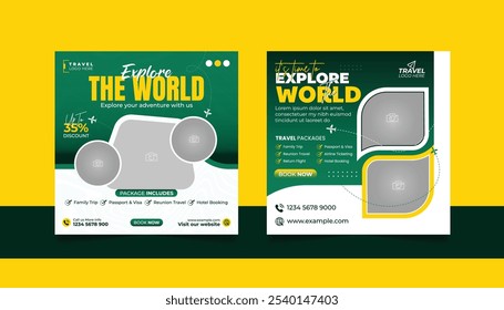 Travel and Tourism Business Marketing Banner. Holidays Tours Travels agency Advertising Social Media Posts. Explore the World ads Template Square poster flyer bundle design.