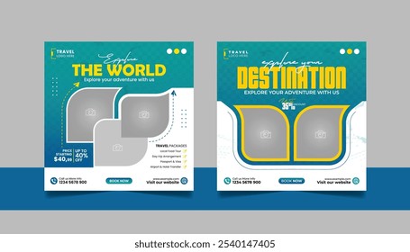 Travel and Tourism Business Marketing Banner. Holidays Tours Travels agency Advertising Social Media Posts. Explore the World ads Template Square poster flyer bundle design.