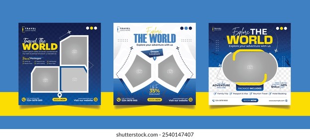 Banner de marketing de negócios de viagens e turismo. Viagens Agência de viagens Publicidade Mídias Sociais Posts. Explore o design do conjunto de panfletos do cartaz do Modelo Quadrado dos anúncios do mundo.