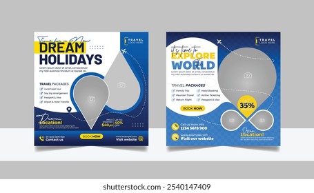 Travel and Tourism Business Marketing Banner. Holidays Tours Travels agency Advertising Social Media Posts. Explore the World ads Template Square poster flyer bundle design.