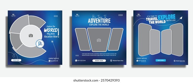 Travel and Tourism Business Marketing Banner. Holidays Tours and Travels Advertising Social Media Posts. Explore the World ads Template Square poster flyer bundle design.