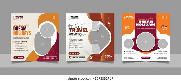 Travel and Tourism Business Marketing Banner. Holidays Tours and Travels Advertising Social Media Posts. Explore the World ads Template Square poster flyer bundle design.