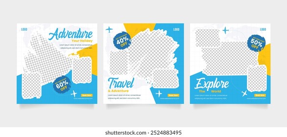 Travel and tourism business marketing post or poster, flyer, with abstract graphic background as summer beach. Travel business promotion web banner template design for social media ads.