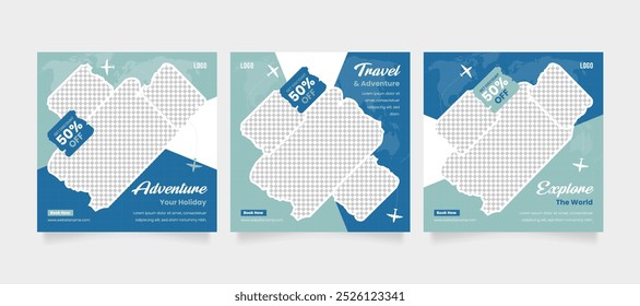 Travel and tourism business marketing post or poster, flyer, with abstract graphic background. Travel social media banner template design