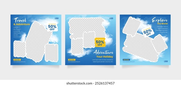 Travel and tourism business marketing post or poster, flyer, with abstract graphic background. Travel social media promotional banner post design template