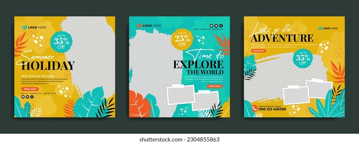 Travel and tourism business marketing social media post template with agency logo and icon. Holiday travel, traveling or summer beach travelling web banner. Sale promotion flyer by paint brush stroke.