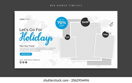  Travel and tourism business marketing web banner template design with abstract background, logo and icon. Summer holiday beach traveling social media promotion flyer. Website digital graphic cover.