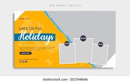  Travel and tourism business promotion web banner template. Summer holiday beach tour and travelling marketing abstract graphic background or cover. Social media flyer design with logo and icon.