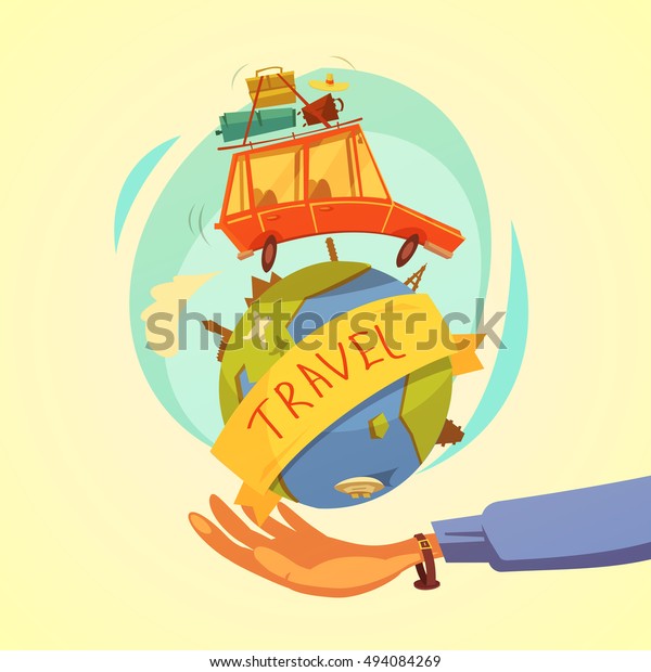 Travel and tourism\
cartoon concept with hand globe and car on yellow background vector\
illustration 