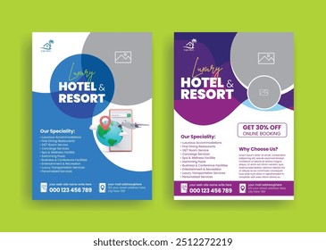 Travel tourism company and hotel and resort vertical print flyer or poster, leaflet advertising design