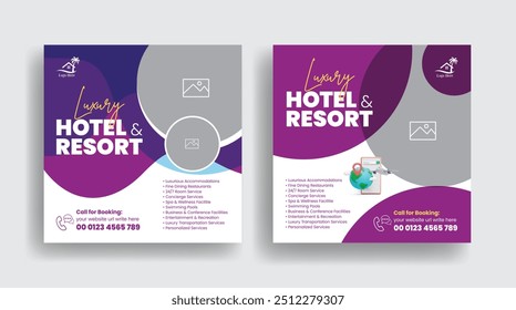 Travel tourism company and hotel and resort social media post, banner, ads template, Vacation lodge or hospitality service web banner template design