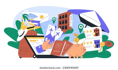 Travel and tourism concept. Abstract tourist services composition. Booking tickets, hotel, holiday accommodation, planning trip, journey, tour. Flat vector illustration isolated on white background