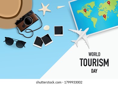 Travel and Tourism concept with travel accessories and place for text on white and blue background. Vector illustration