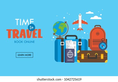 Travel and tourism concept with baggage, luggage, suitcase, passport and airplane tickets