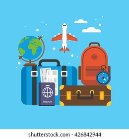 Travel and tourism concept. Baggage and luggage flight flat icons for web and graphic design